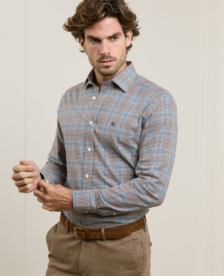 Magee Tullagh Cotton Shirt in Blue & Brown Check