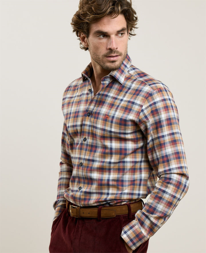 Magee Tullagh Cotton Shirt in Navy & Rust Plaid