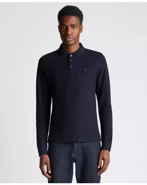 Remus Uomo Long Sleeve Polo 3 Button Polo Shirt Navy