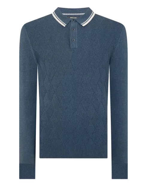 Remus Uomo Blue Long Sleeve Knitted Polo Shirt