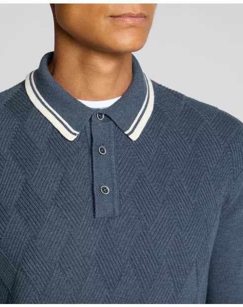 Remus Uomo Blue Long Sleeve Knitted Polo Shirt