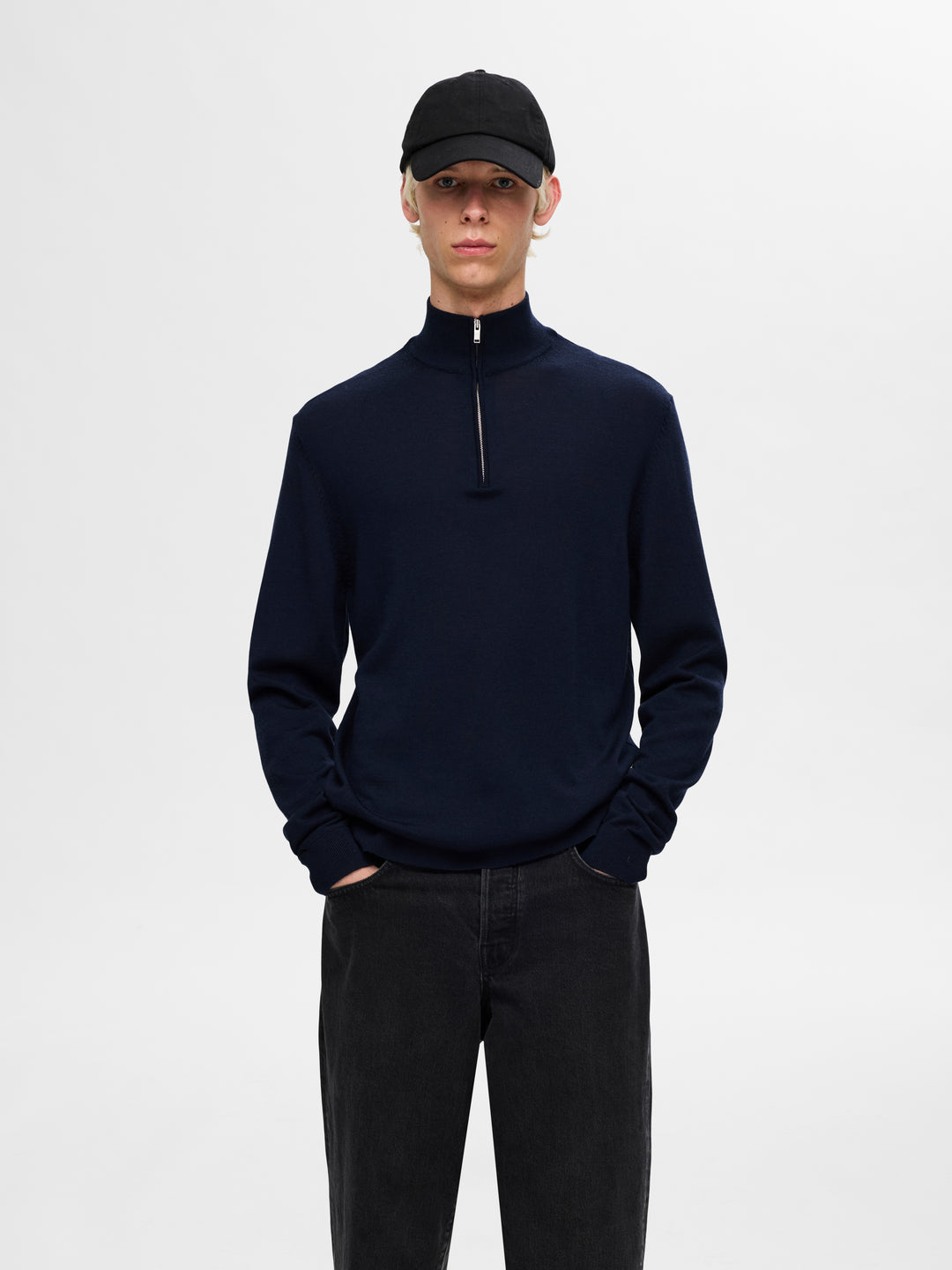 Selected Homme Merino Wool 1/2 Zip Jumper Navy