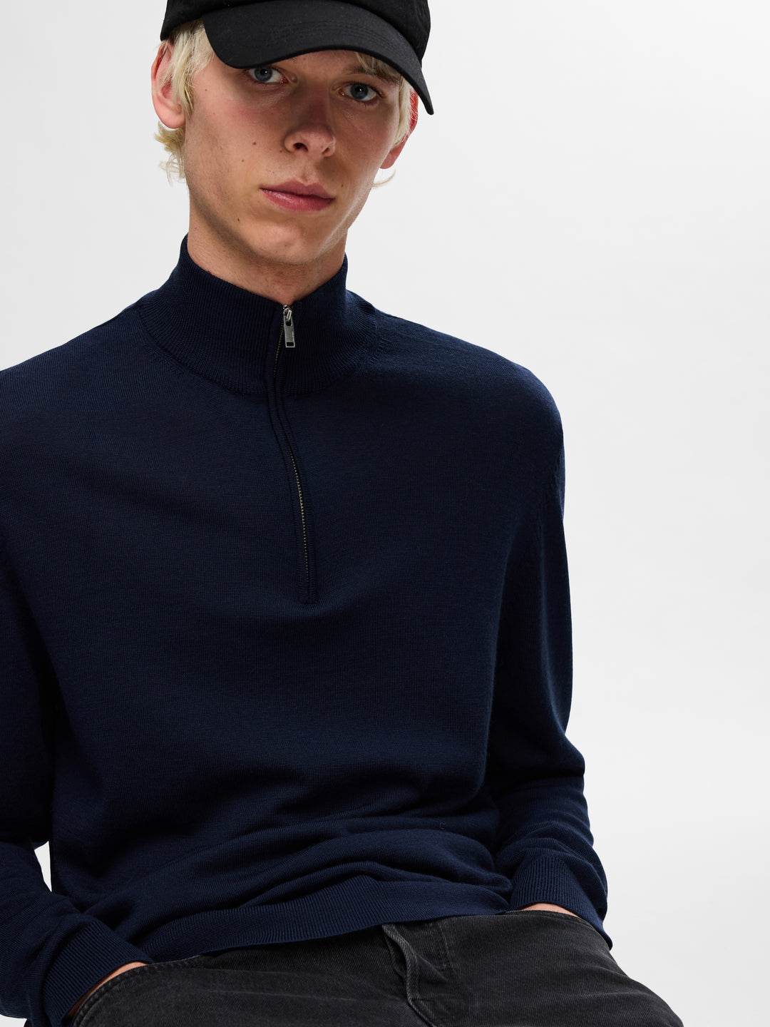 Selected Homme Merino Wool 1/2 Zip Jumper Navy