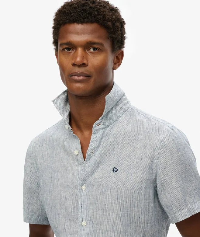 Superdry Vacation Linen Short Sleeve Shirt Navy Ticking Linen image 1