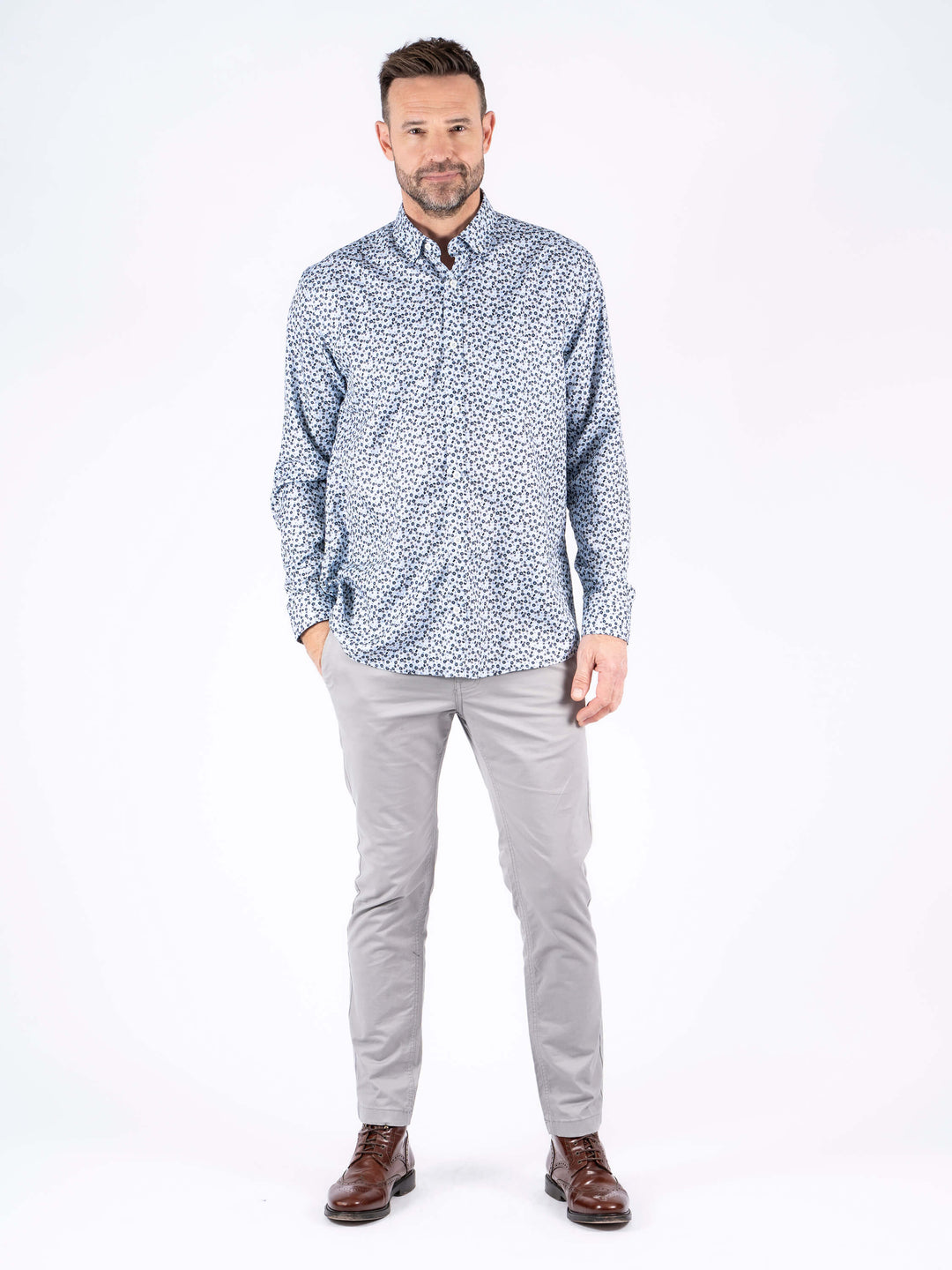 Pre End Casual Shirt Printed Steel Grey