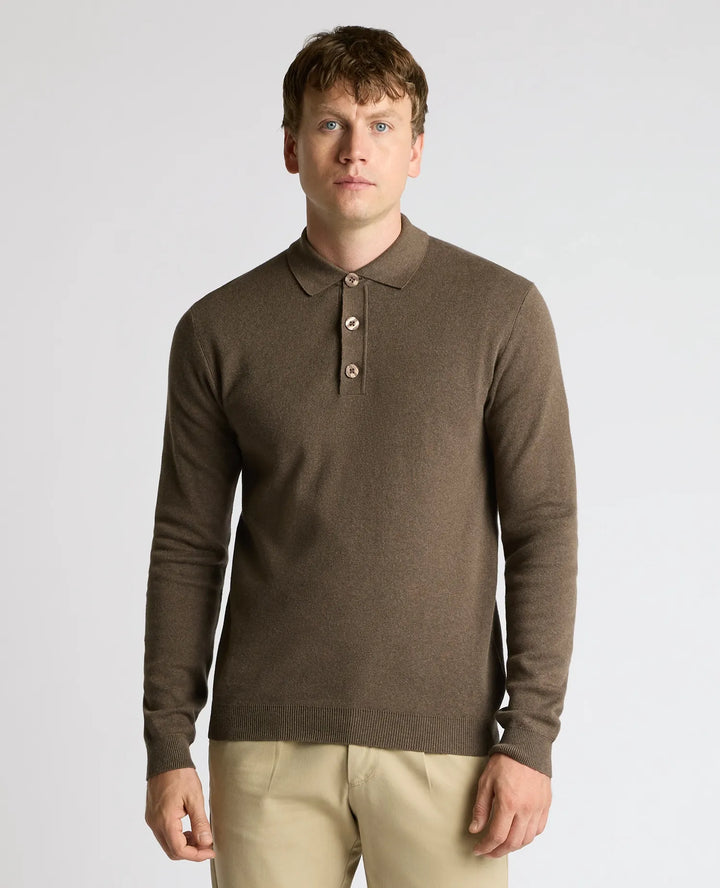 Remus Uomo Brown Long Sleeve Polo Half Button Polo Shirt