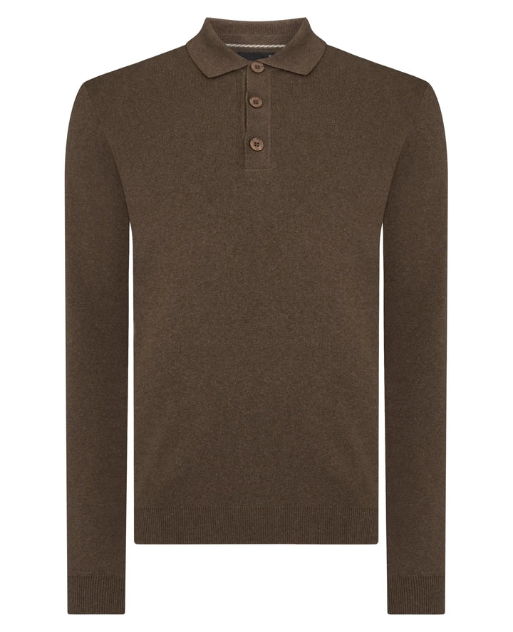 Remus Uomo Brown Long Sleeve Polo Half Button Polo Shirt