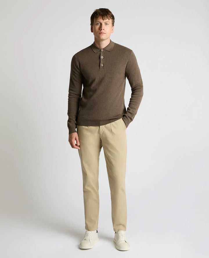 Remus Uomo Brown Long Sleeve Polo Half Button Polo Shirt