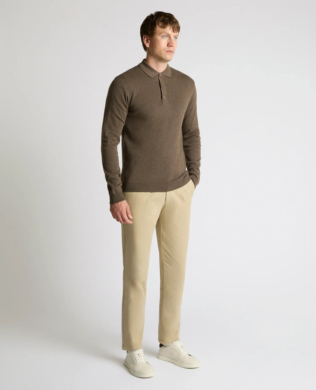Remus Uomo Brown Long Sleeve Polo Half Button Polo Shirt