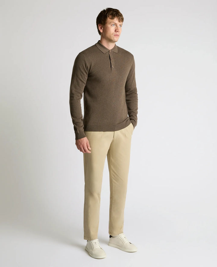Remus Uomo Brown Long Sleeve Polo Half Button Polo Shirt