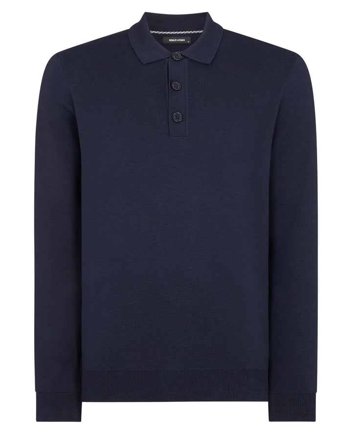 Remus Uomo Navy Long Sleeve Polo Half Button Polo Shirt