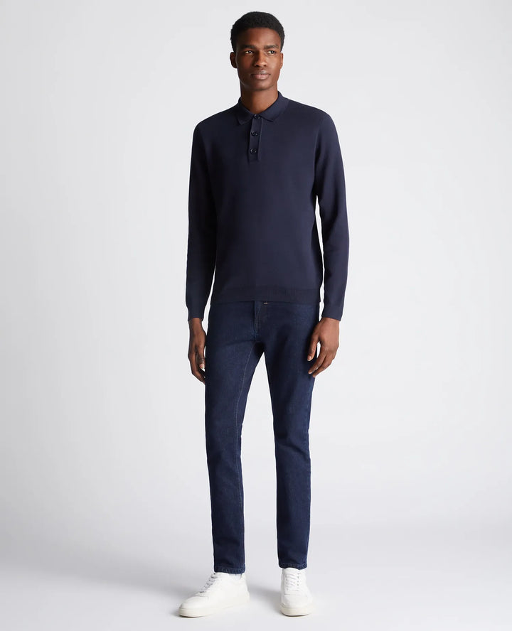 Remus Uomo Navy Long Sleeve Polo Half Button Polo Shirt