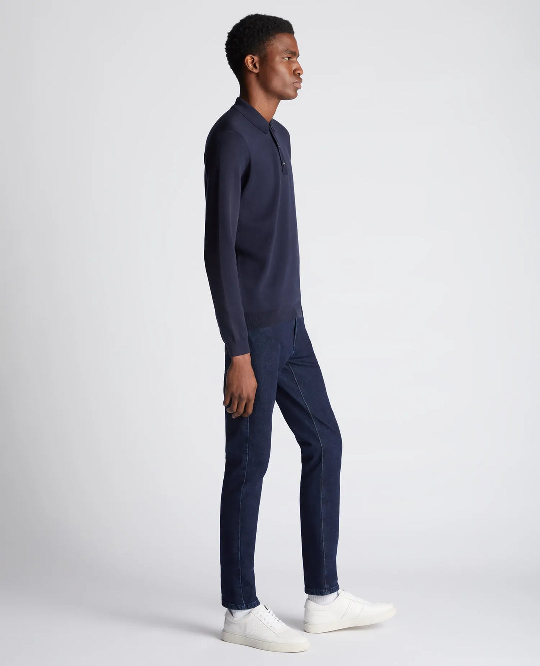 Remus Uomo Navy Long Sleeve Polo Half Button Polo Shirt