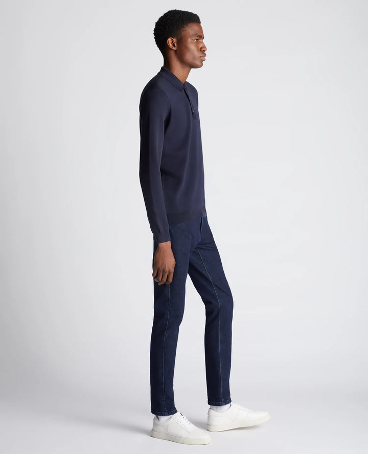 Remus Uomo Navy Long Sleeve Polo Half Button Polo Shirt