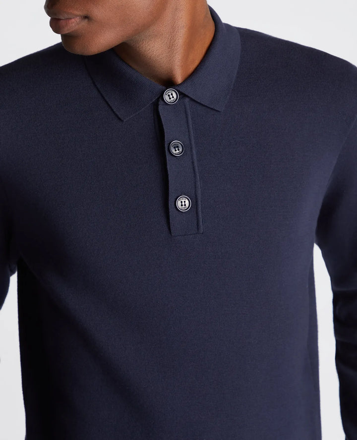 Remus Uomo Navy Long Sleeve Polo Half Button Polo Shirt