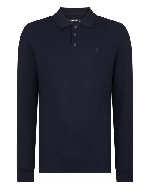 Remus Uomo Long Sleeve Polo 3 Button Polo Shirt Navy