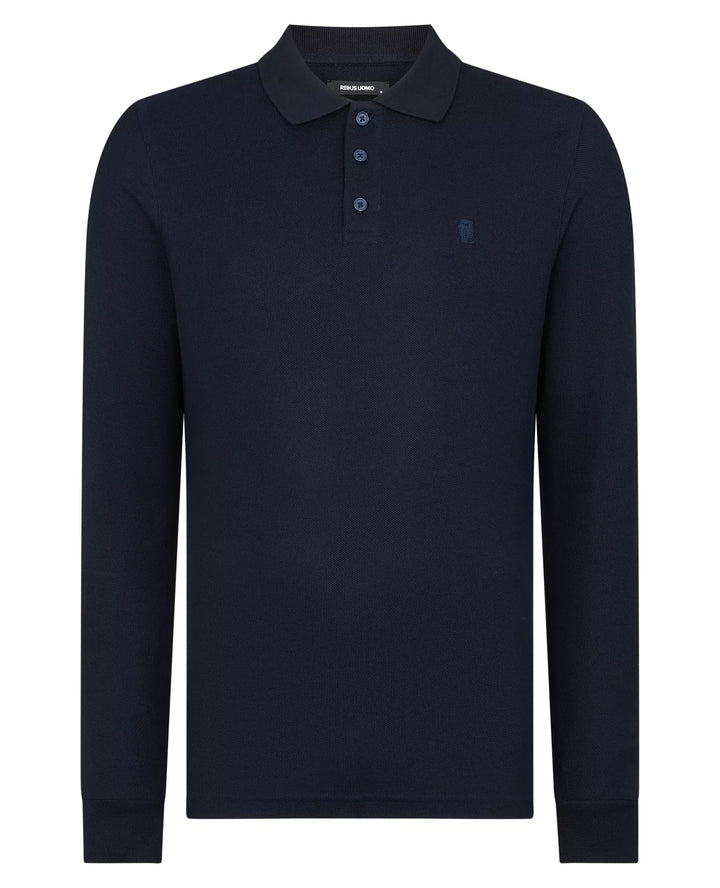 Remus Uomo Navy Long Sleeve Polo Half Button Polo Shirt