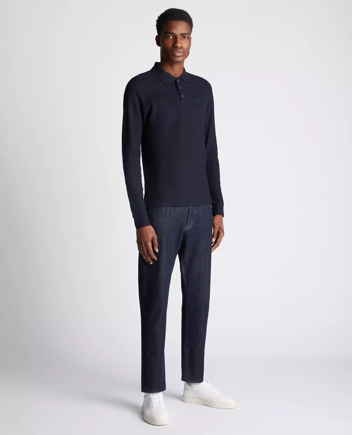 Remus Uomo Navy Long Sleeve Polo Half Button Polo Shirt