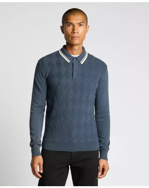Remus Uomo Blue Long Sleeve Knitted Polo Shirt
