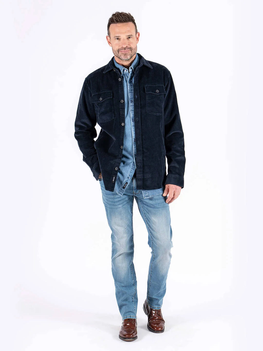 Pre End Parker velvet overshirt in Navy