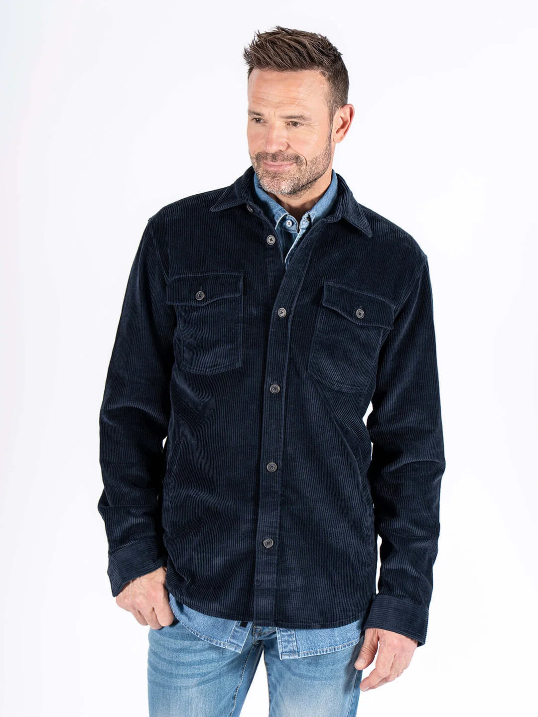 Pre End Parker velvet overshirt in Navy