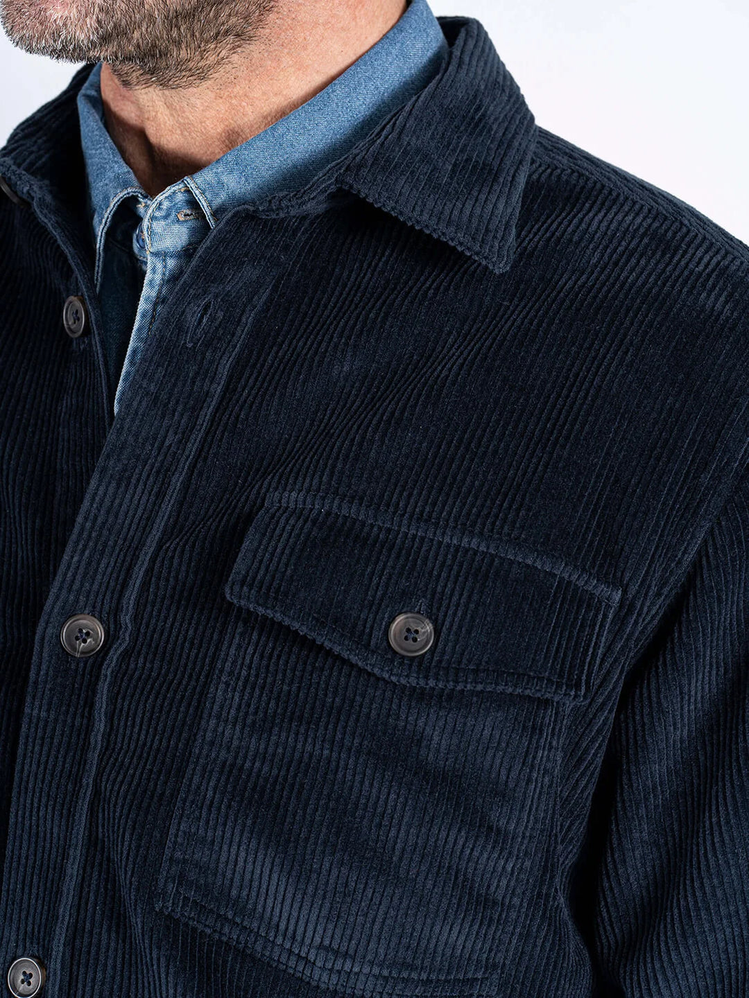 Pre End Parker velvet overshirt in Navy