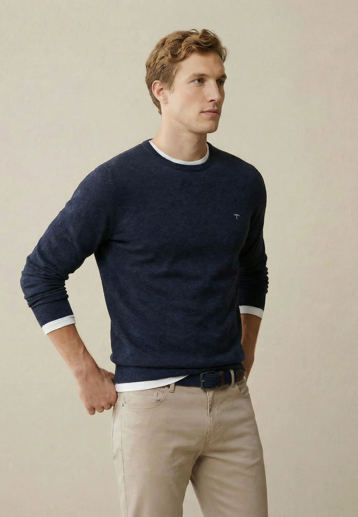 Fynch Hatton Knitted Cotton Crew Neck Navy