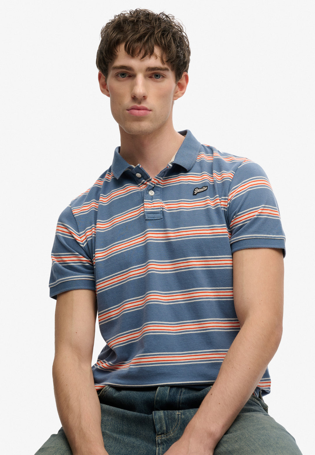 Superdry Vintage Stripe Jersey Polo Shirt  Retro Blue