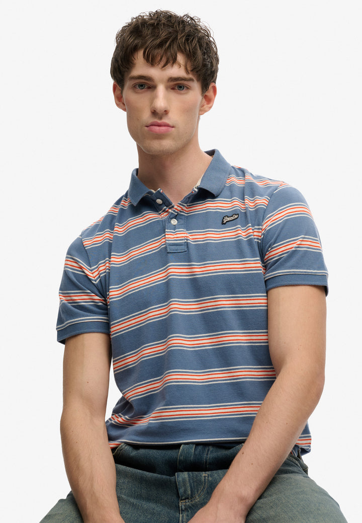 Superdry Vintage Stripe Jersey Polo Shirt  Retro Blue