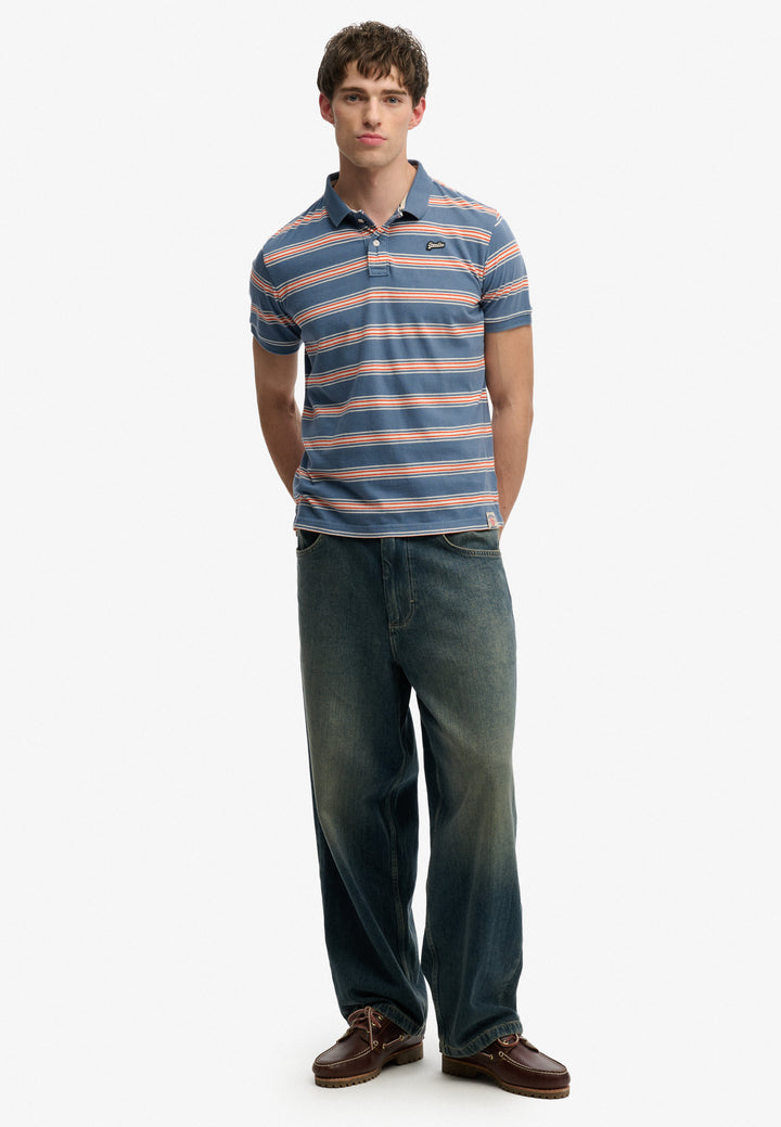 Superdry Vintage Stripe Jersey Polo Shirt  Retro Blue