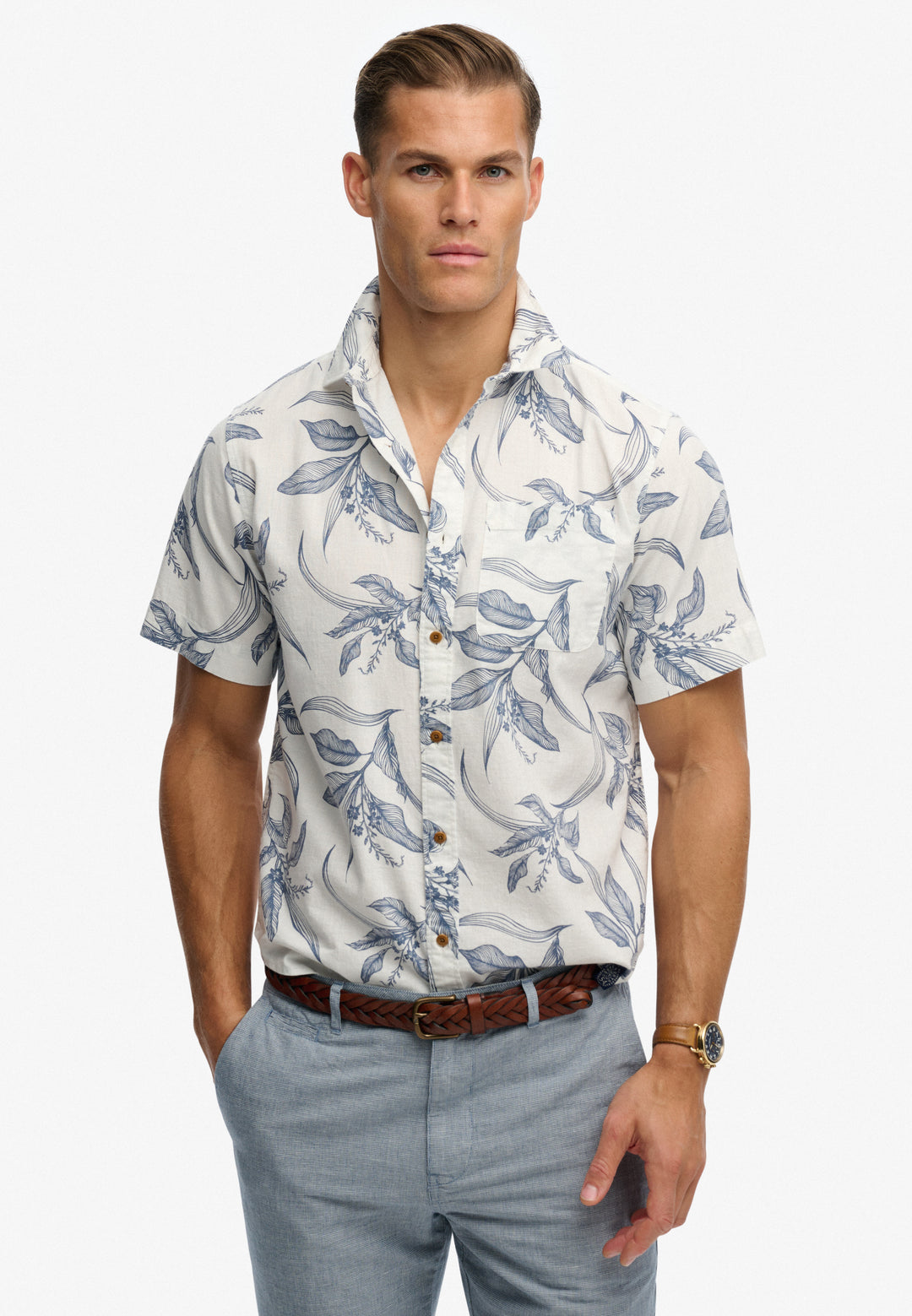 Superdry Vintage Loom Short Sleeve Shirt Canna Leaves China Blue