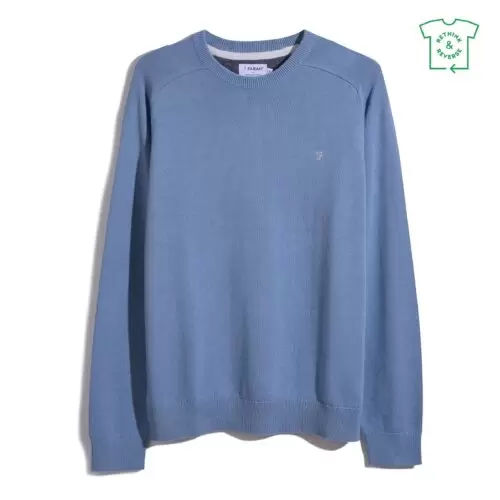 Farah Stern Crew Neck Cotton Jumper Faded Denim Blue